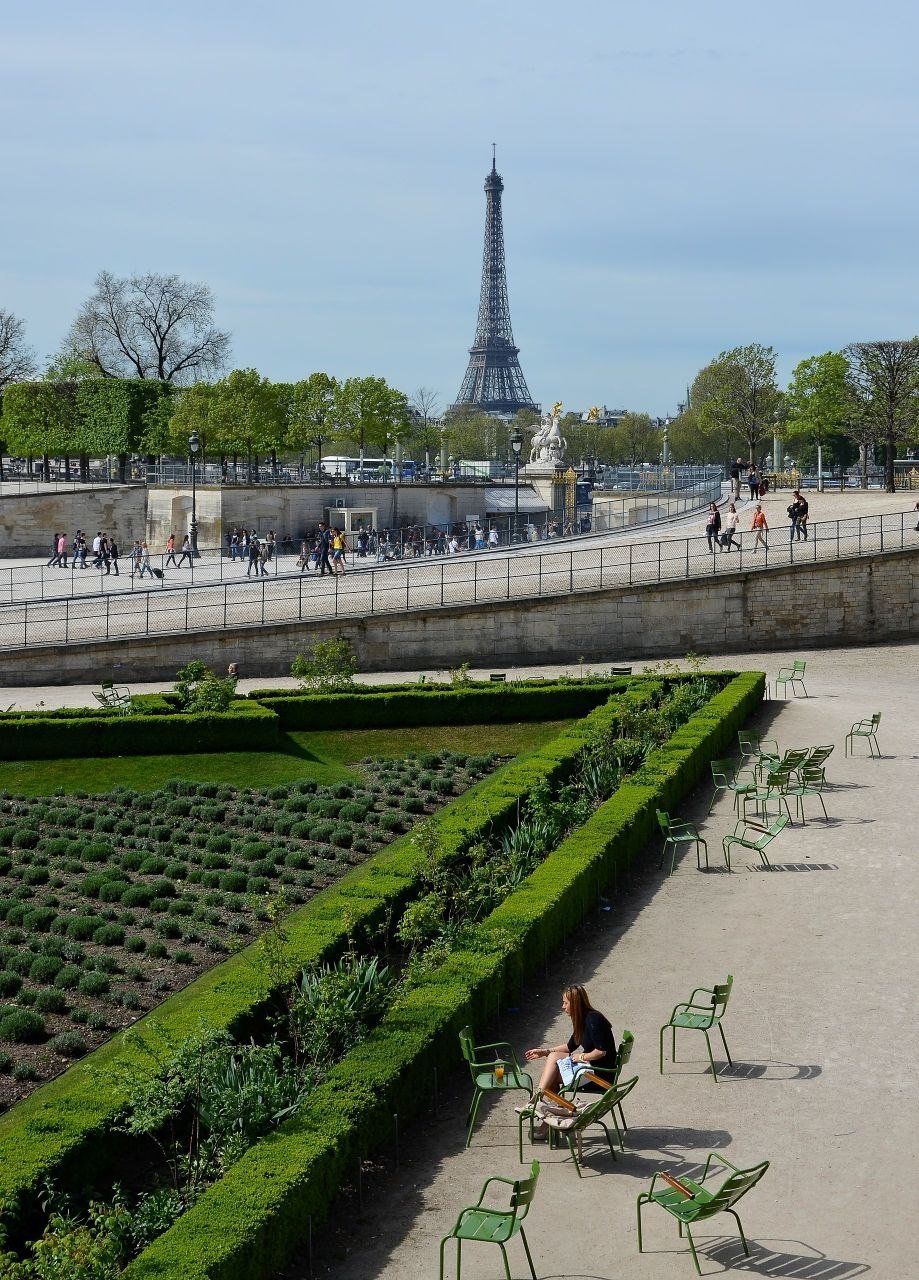 The Tuileries Gardens in Paris, with tree-lined paths and fountains
